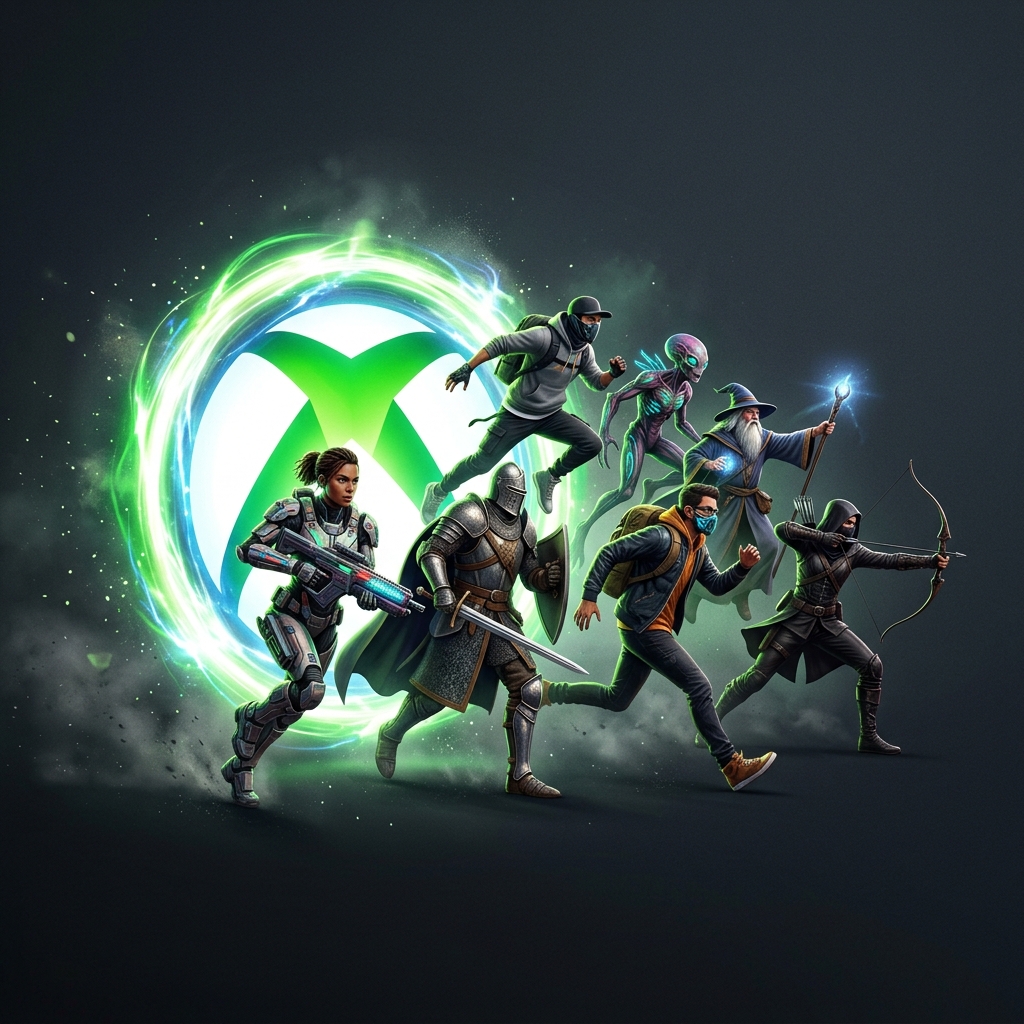 Personagens de diferentes jogos correndo em direcao ao logo do Xbox Game Pass, com um calendario de maio de 2026 ao fundo, simbolizando a chegada de novos jogos.