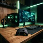 Controle de Xbox em setup gamer moderno com iluminação verde ambiente