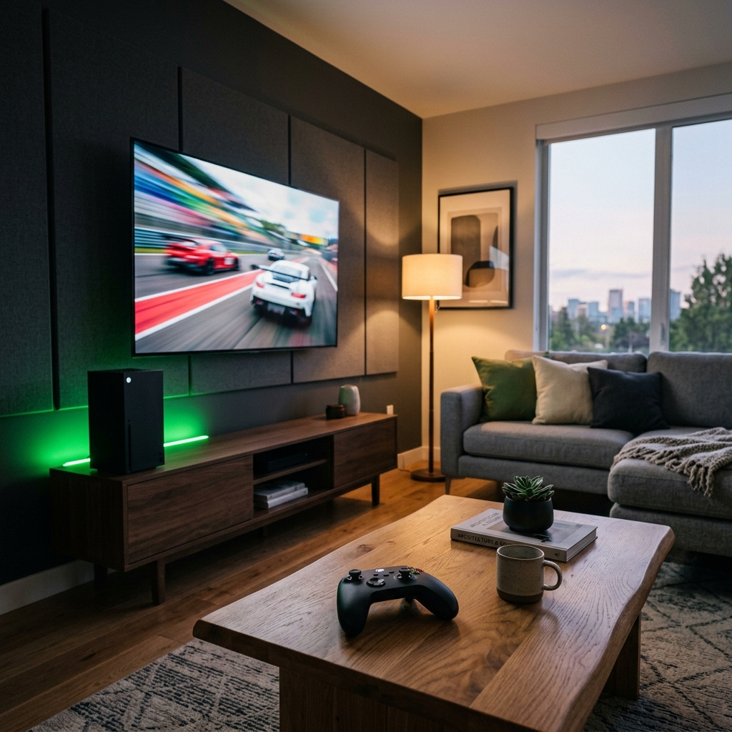 Uma sala de estar moderna com um console de videogame emitindo uma luz verde suave e um controle sobre a mesa de centro.
