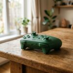 Controle de videogame verde sobre uma mesa de madeira com iluminacao suave.