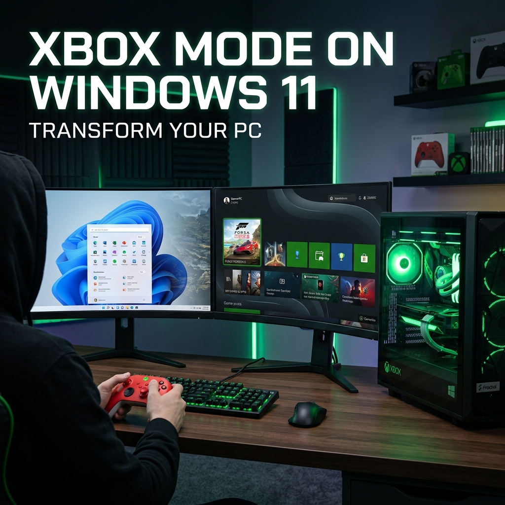 Editorial cover for Xbox Mode on Windows 11 with premium gaming setup.