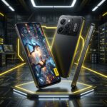 Um smartphone moderno com tela grande e design elegante, sendo usado para jogos, com um fundo desfocado que sugere um ambiente urbano brasileiro ou uma estacao de jogos.