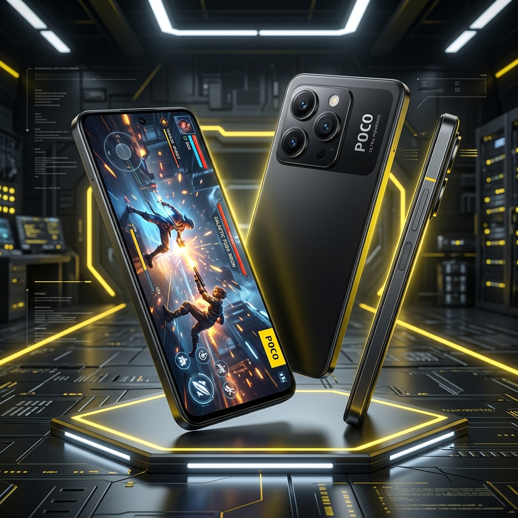Um smartphone moderno com tela grande e design elegante, sendo usado para jogos, com um fundo desfocado que sugere um ambiente urbano brasileiro ou uma estacao de jogos.