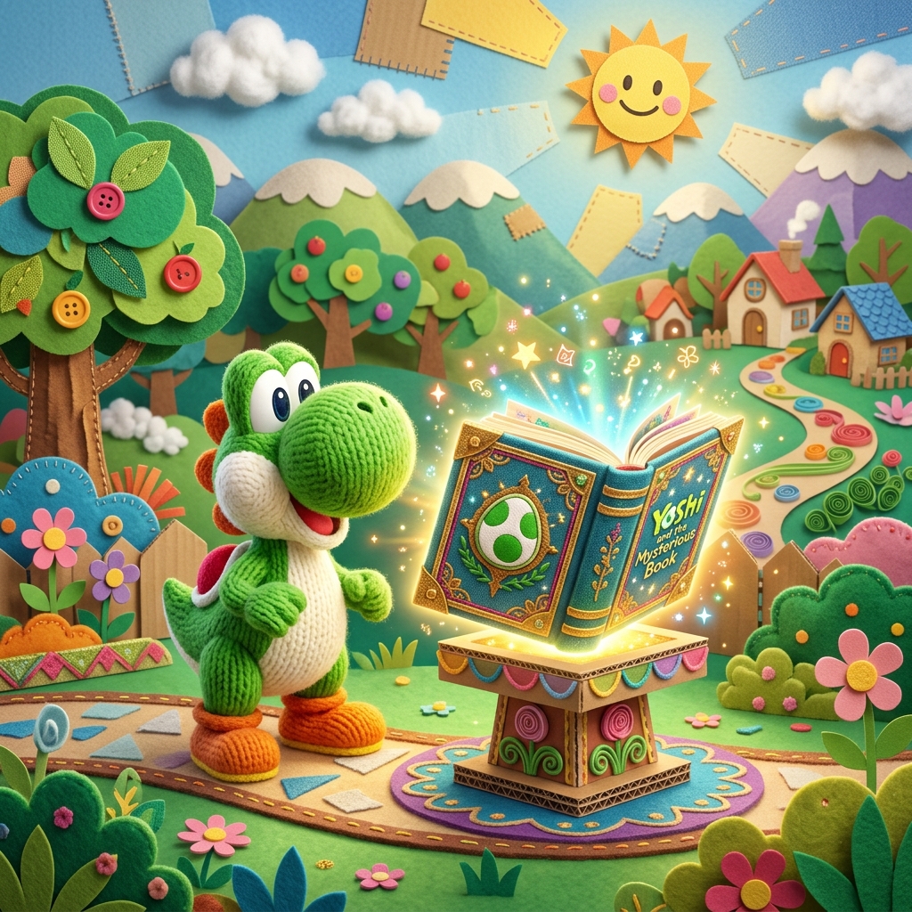 Yoshi, o dinossauro verde da Nintendo, interagindo com um livro magico e brilhante, com um fundo de fantasia que sugere o console Switch 2.