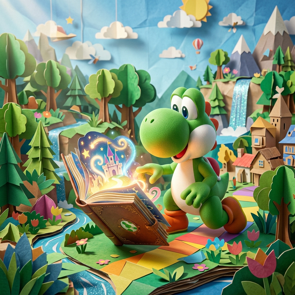 Yoshi explorando um mundo de livro pop-up mágico no Nintendo Switch 2.