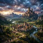 Arte conceitual de um vasto mundo de fantasia com castelos medievais, montanhas e florestas, sugerindo um jogo de RPG epico.