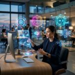 Uma pessoa trabalhando em um computador, cercada por interfaces holograficas que representam agentes de inteligencia artificial, simbolizando o desenvolvimento e a automacao.