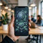 Uma imagem abstrata de um smartphone exibindo elementos de privacidade e protecao de dados, com graficos de cadeados e escudos digitais. A tela reflete a interface do Android 17, simbolizando controle e seguranca da informacao pessoal.