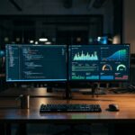 Telas de computador divididas com código de programação e gráficos de performance.