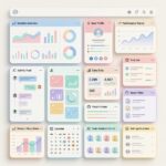 Layout de painel web em estilo bento grid com cores pastéis harmoniosas.