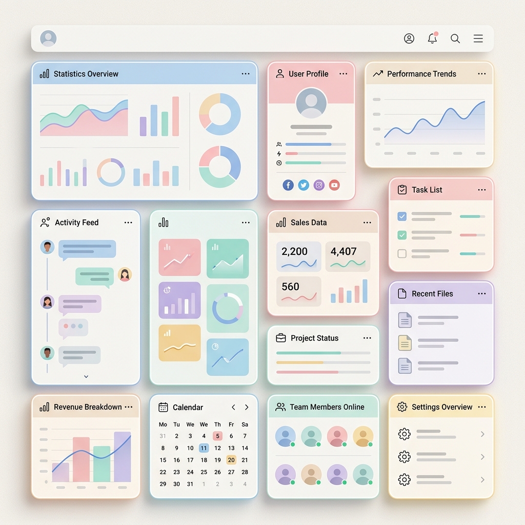 Layout de painel web em estilo bento grid com cores pastéis harmoniosas.