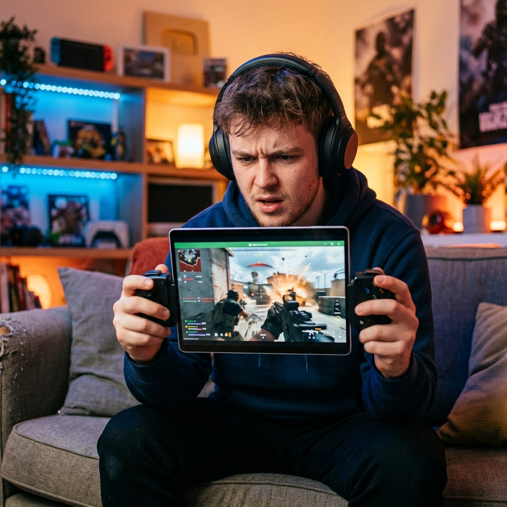 Um jogador concentrado jogando Call of Duty em um tablet através do Xbox Cloud Gaming, com a interface do serviço visível e cores vibrantes.