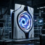 Uma fenda temporal futurista com luzes brilhantes, simbolizando a ideia de 'Chronos Rift' e o universo PlayStation 5.