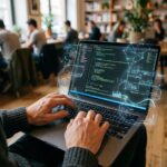 Mãos de um programador digitando código em um laptop, com uma interface de IA sutil sobreposta.