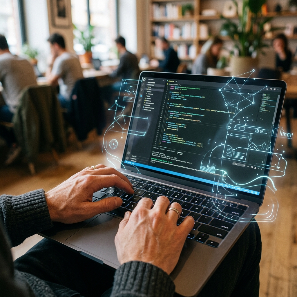 Mãos de um programador digitando código em um laptop, com uma interface de IA sutil sobreposta.