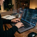 Mãos de um programador digitando código em um laptop, com uma interface de IA sutil sobreposta.