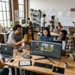 Grupo de jovens desenvolvedores brasileiros colaborando em torno de um monitor com a interface do Unreal Engine 6.