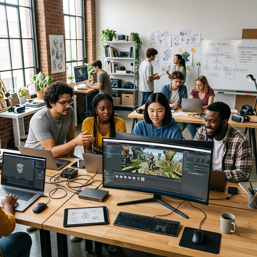 Estudantes e desenvolvedores em um ambiente de aprendizado moderno, focados em telas de computador que exibem o software Unreal Engine, simbolizando o acesso a cursos profissionais e gratuitos.