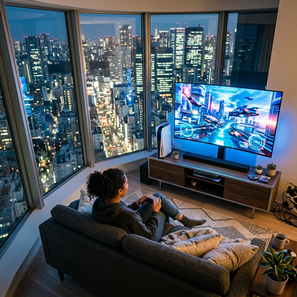 Jogador com controle de PS5 em frente a uma tela com Cyberpunk 2077, com a silhueta de Night City ao fundo.
