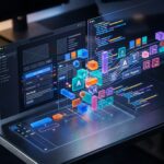 Ilustracao abstrata de Design Tokens, mostrando elementos de design como cores e espacamento em blocos digitais interconectados, simbolizando consistencia e escalabilidade em projetos de UI.
