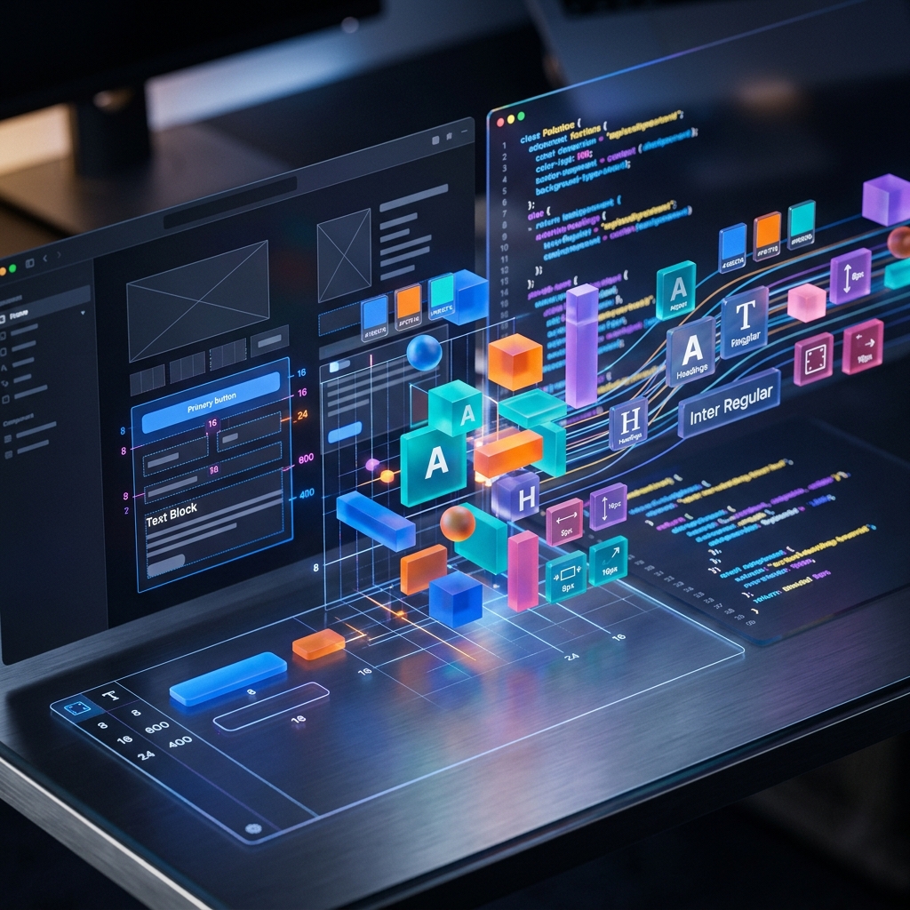 Ilustracao abstrata de Design Tokens, mostrando elementos de design como cores e espacamento em blocos digitais interconectados, simbolizando consistencia e escalabilidade em projetos de UI.
