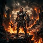 Personagem de Diablo 5 em um ambiente infernal, com o logo do PlayStation Plus ao fundo, simbolizando a expectativa de sua chegada ao servico.