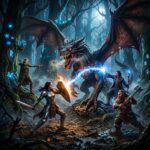Grupo de herois em combate contra uma criatura fantastica em uma floresta escura, com efeitos de magia e acao intensa. Imagem no estilo de um RPG epico.