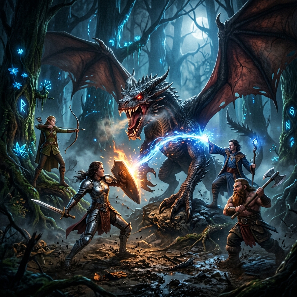 Grupo de herois em combate contra uma criatura fantastica em uma floresta escura, com efeitos de magia e acao intensa. Imagem no estilo de um RPG epico.