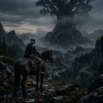 Uma paisagem sombria e fantasiosa com a Land of Shadow e a arvore Erdtree, com um Cavaleiro em armadura no primeiro plano.