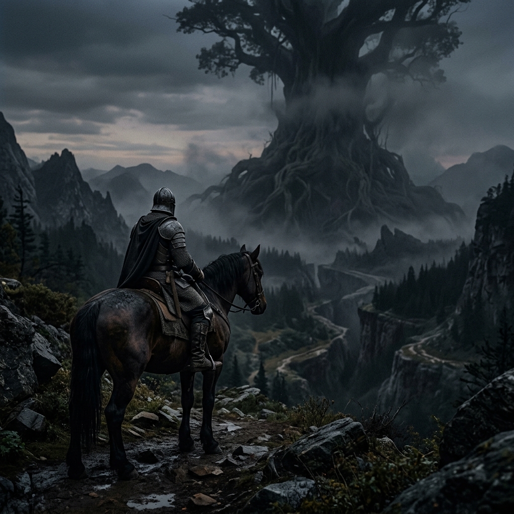 Uma paisagem sombria e fantasiosa com a Land of Shadow e a arvore Erdtree, com um Cavaleiro em armadura no primeiro plano.