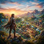 Uma paisagem de fantasia medieval vibrante e magica, com um heroi em armadura observando uma vila movimentada, evocando a estetica de Fable e a promessa de aventura.