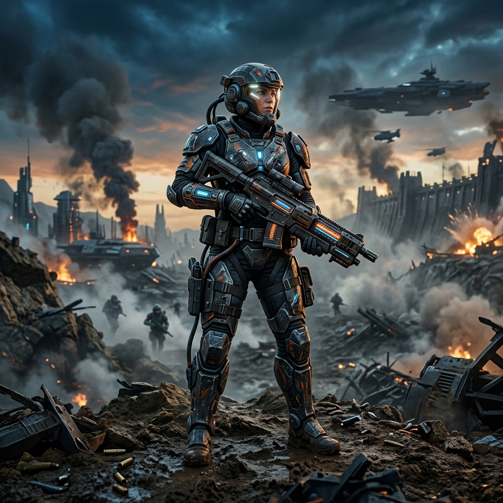 Soldado futurista blindado da franquia Gears, empunhando uma arma iconica, em um campo de batalha fumegante, simbolizando um lancamento de jogo epico.