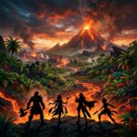 Imagem conceitual da nova regiao de Natlan em Genshin Impact 5.0, com elementos vulcanicos e personagens em destaque, pronta para a aventura.