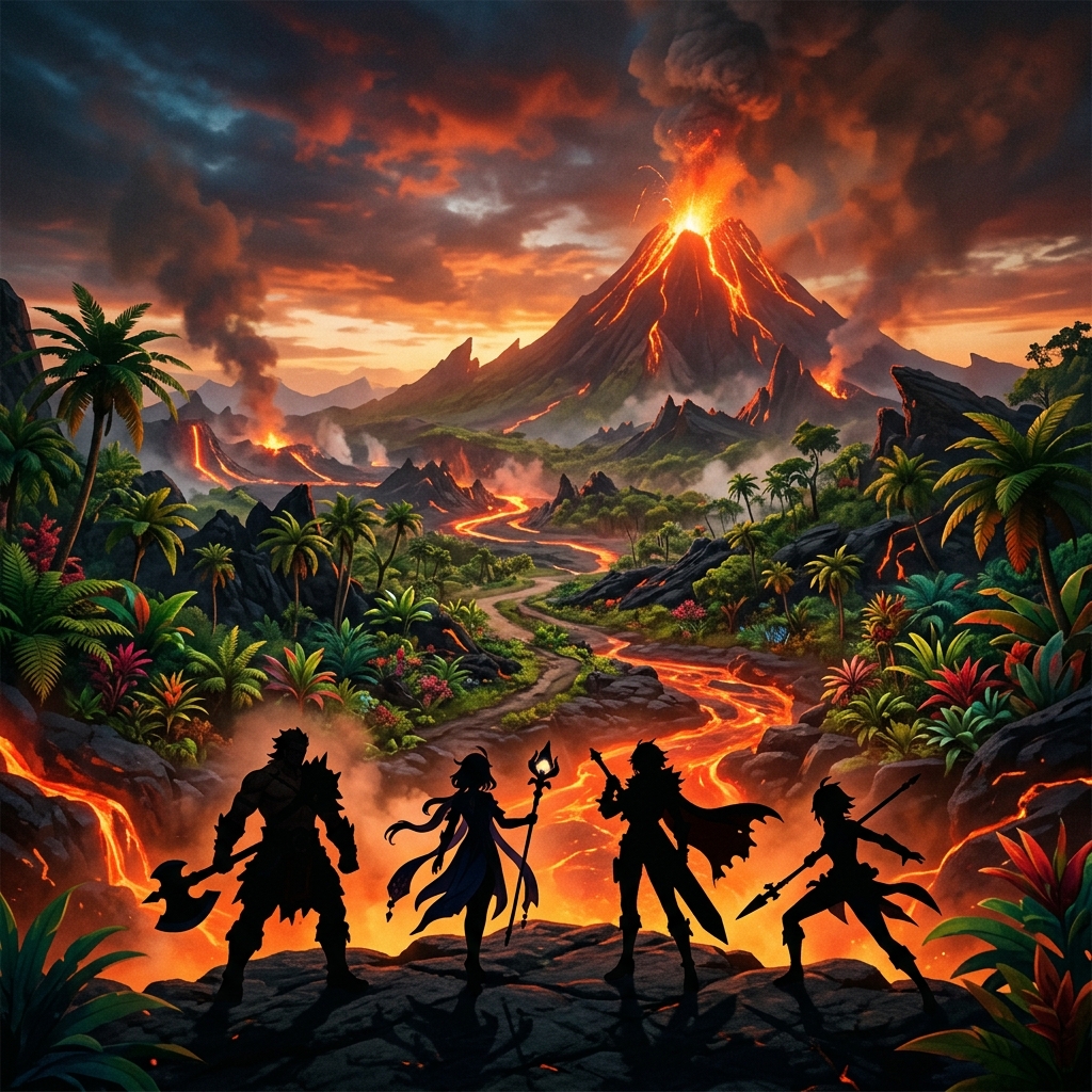 Imagem conceitual da nova regiao de Natlan em Genshin Impact 5.0, com elementos vulcanicos e personagens em destaque, pronta para a aventura.