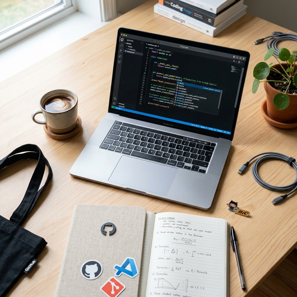 Notebook de um estudante mostrando codigo de programacao com assistente de inteligencia artificial em uma mesa de estudos organizada.