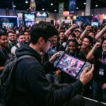 Um console portatil futurista exibindo um jogo de mundo aberto com graficos impressionantes, sugerindo GTA 6, com fas de jogos animados ao fundo.