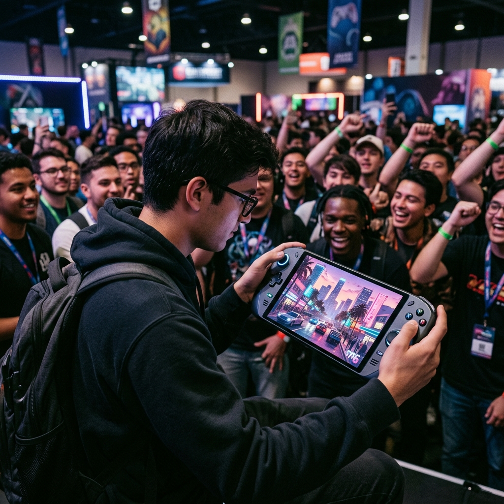 Um console portatil futurista exibindo um jogo de mundo aberto com graficos impressionantes, sugerindo GTA 6, com fas de jogos animados ao fundo.