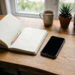 Smartphone moderno sobre uma mesa de madeira ao lado de um caderno em um ambiente minimalista com iluminacao natural.