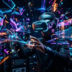 Imagem conceitual de um headset de realidade virtual futurista, possivelmente o Meta Quest 4, em um ambiente de jogo imersivo e tecnologico.