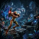 Samus Aran em um ambiente futurista alienigena, com o logo do Nintendo Switch 2 ao fundo, representando o lancamento de Metroid Prime 4.