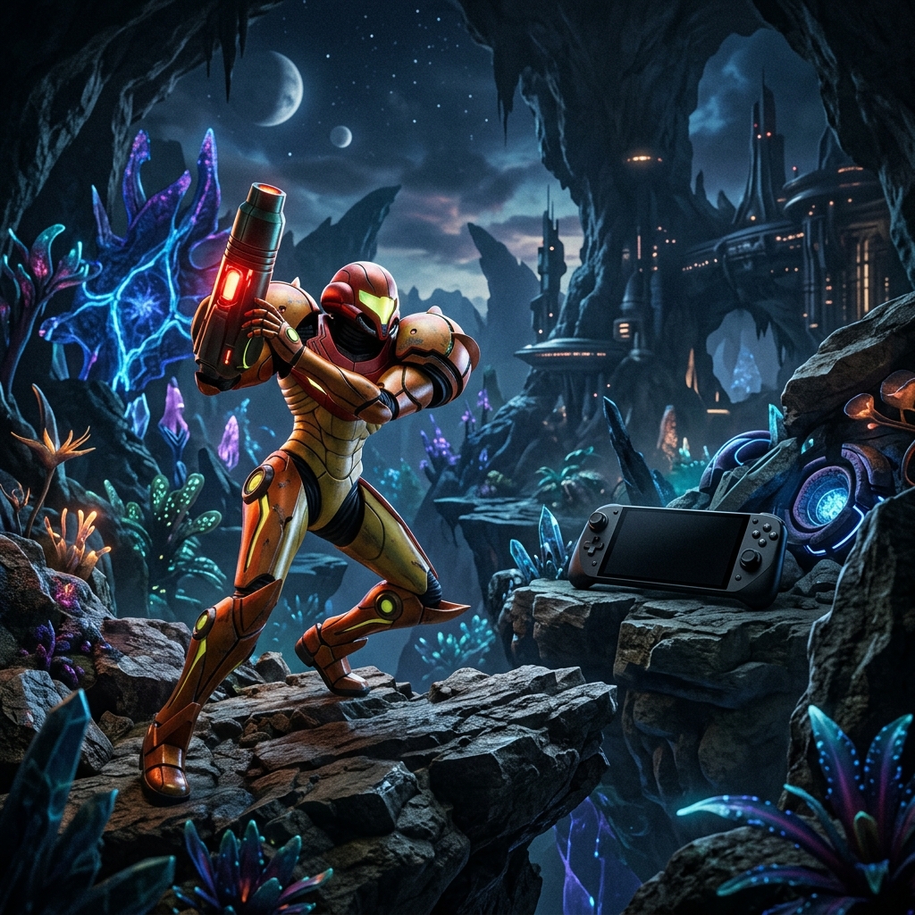 Samus Aran em um ambiente futurista alienigena, com o logo do Nintendo Switch 2 ao fundo, representando o lancamento de Metroid Prime 4.