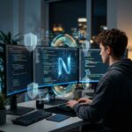 Representacao visual de desenvolvimento web com elementos de codigo, um logo sutil do Next.js, escudos de ciberseguranca e icones de inteligencia artificial, simbolizando inovacao e protecao no ecossistema Next.js.