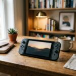 Foto editorial de um console de videogame moderno sobre uma mesa de madeira com iluminacao suave de fundo.
