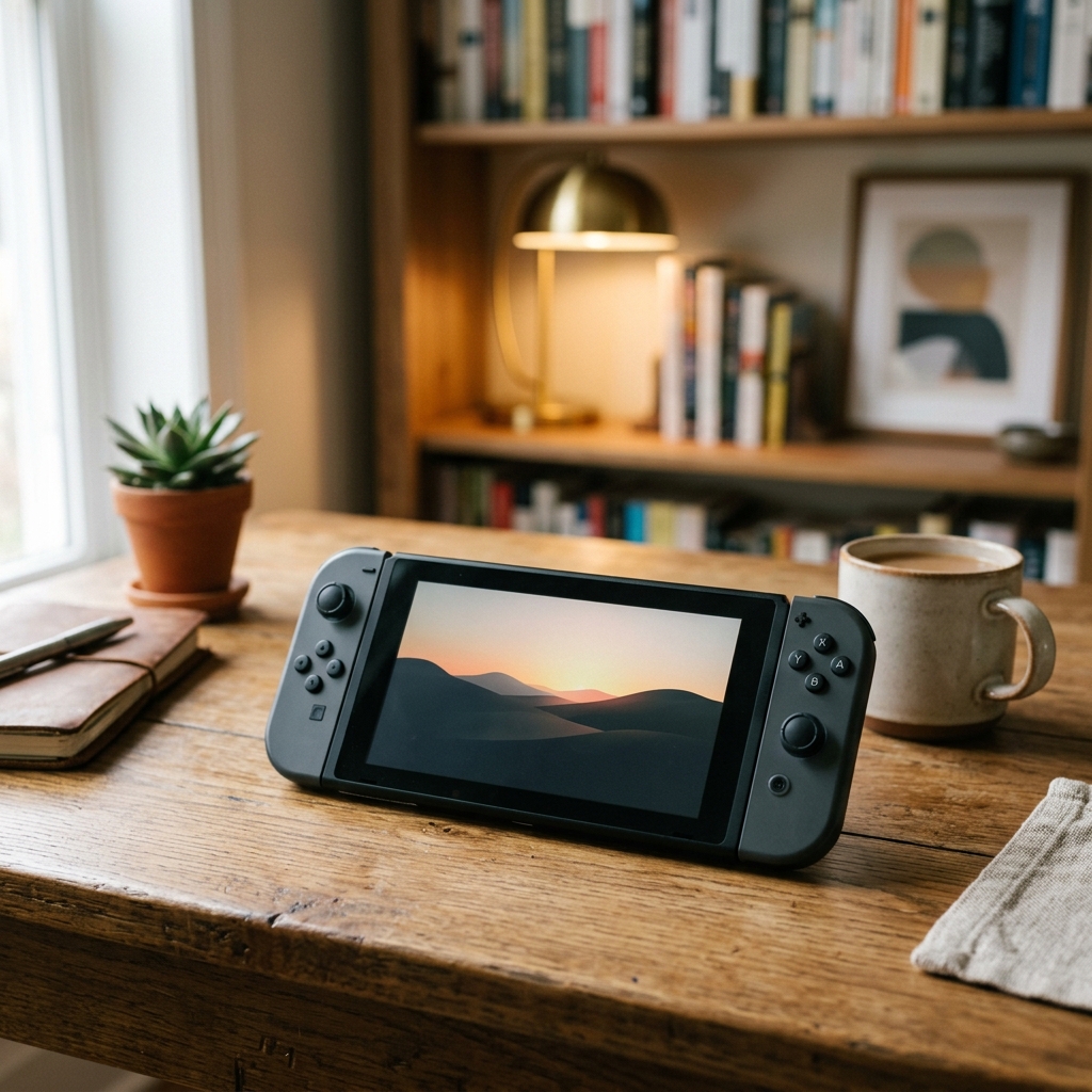 Foto editorial de um console de videogame moderno sobre uma mesa de madeira com iluminacao suave de fundo.