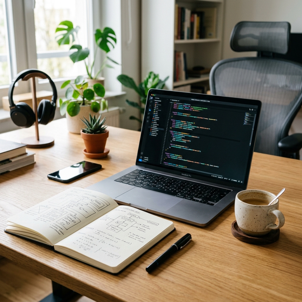 Um ambiente de trabalho moderno e organizado com um laptop exibindo código, um caderno com diagramas e uma xícara de café, refletindo a atividade de um desenvolvedor back-end.