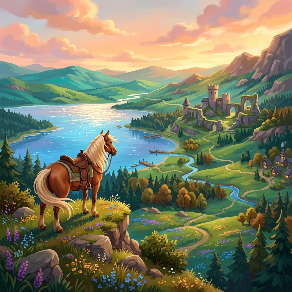 A majestosa região de Royal Highlands no jogo Palia com planaltos verdejantes e um cavalo no penhasco.