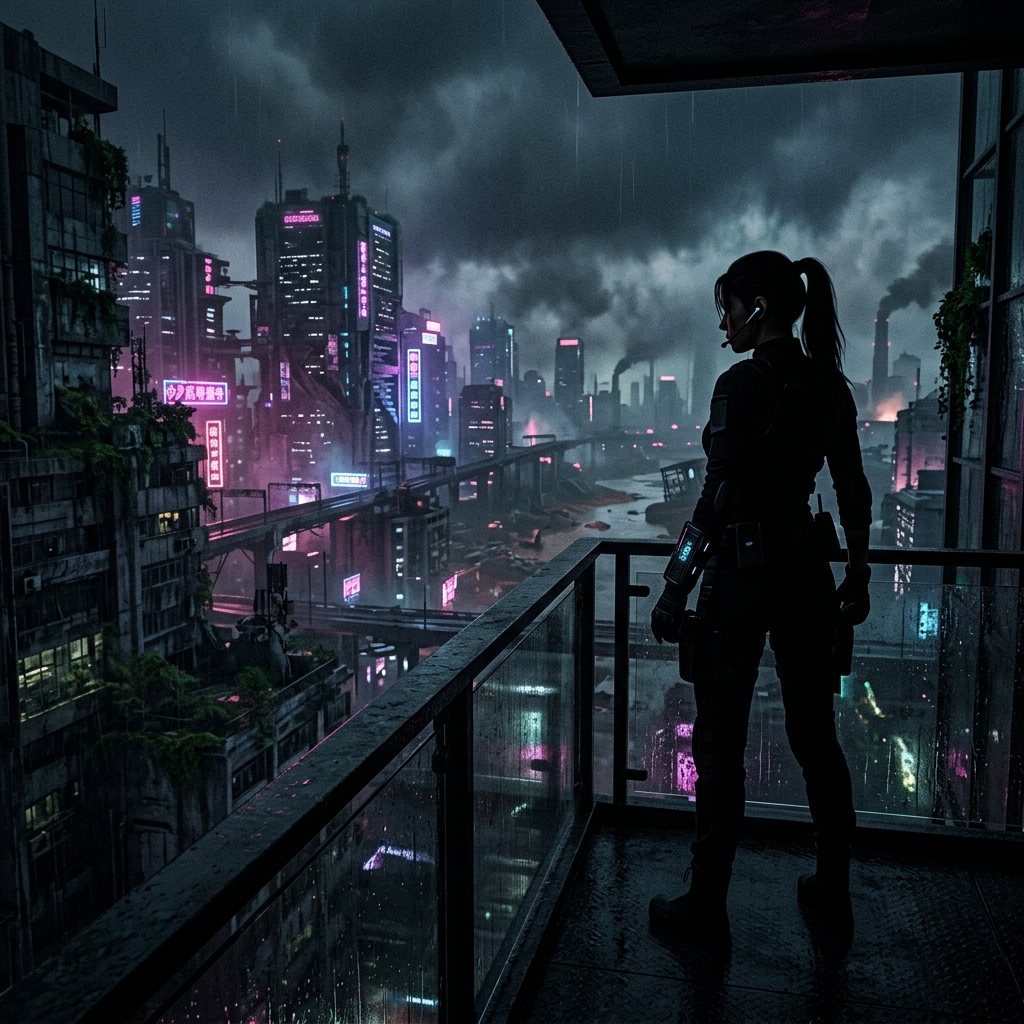 Silhueta de agente secreta observando uma cidade futurista sob luzes neon.