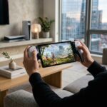 Foto editorial do PlayStation Portal, mostrando seu design moderno e tela, em um ambiente clean.