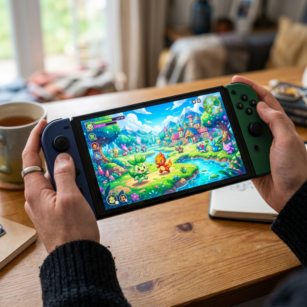 Console Nintendo Switch 2 exibindo gameplay de Pokemon Pokopia com criaturas coloridas em um ambiente vasto.
