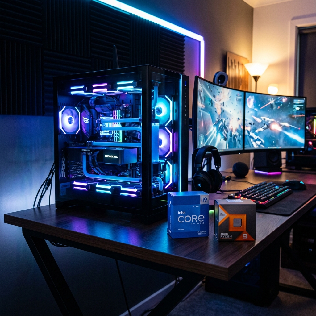 Setup de PC gamer futurista com caixas de processadores Intel e AMD em destaque.